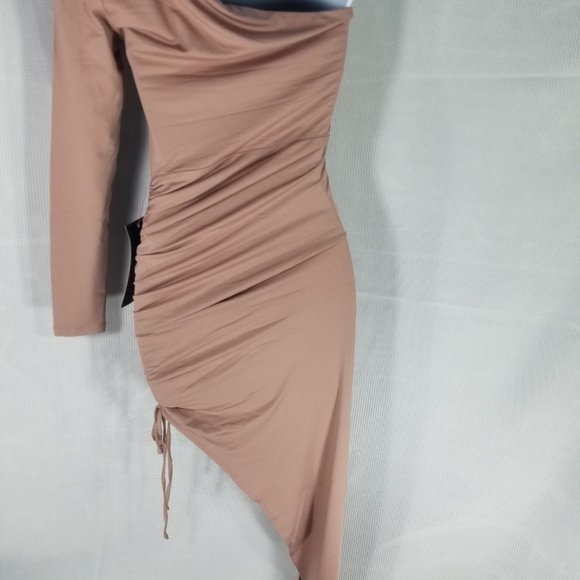 Bebe Warm Taupe Dress One Shoulder Sleeve Ruched Cocktail - XXS XS XL - NWT $149 - Picture 7 of 8